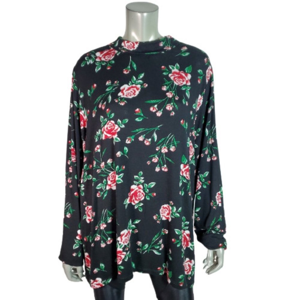 Ashley Stewart Top‎ Plus Size 26/28 Floral Keyhole Stretch Long Sleeve Black